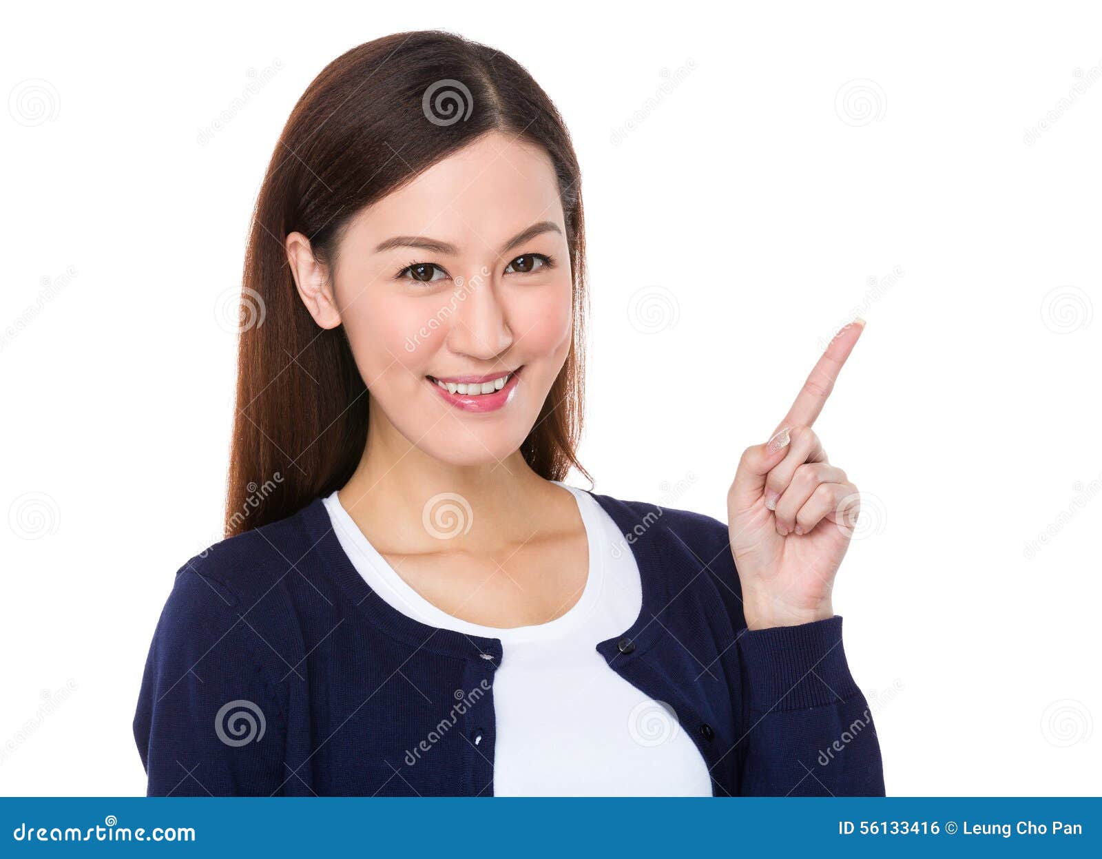 Asian Young Woman With Finger Point Upwards For Selling Somethi