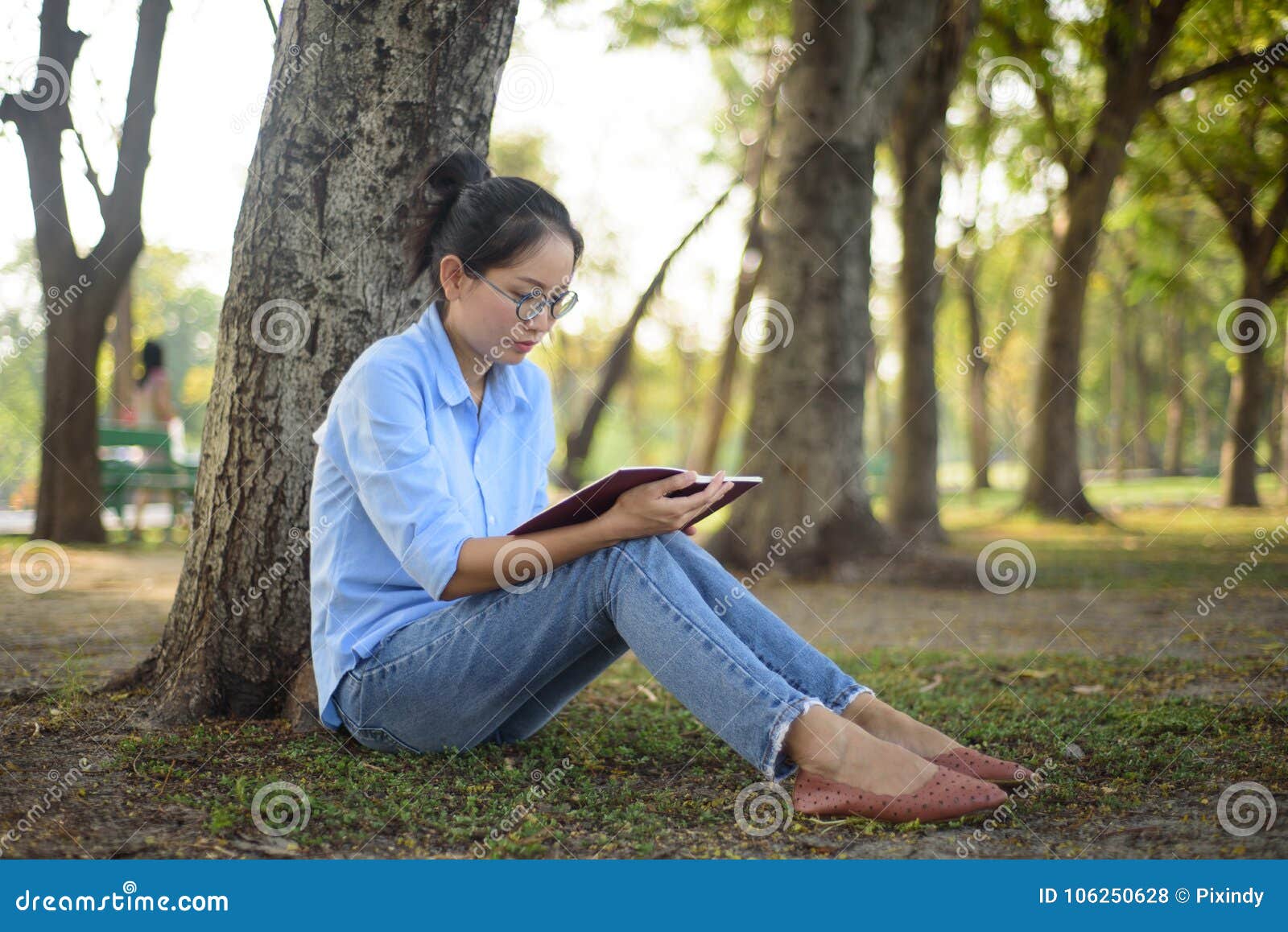 Asiatin, Die Das Buch Unter Baum Im Garten Liest Stockfoto Bild von