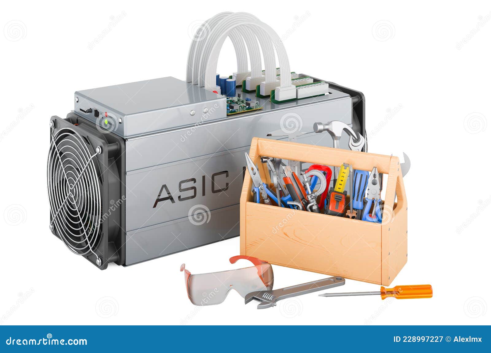 asic miner with toolbox. service and repair of asic for bitcoin miner, 3d rendering