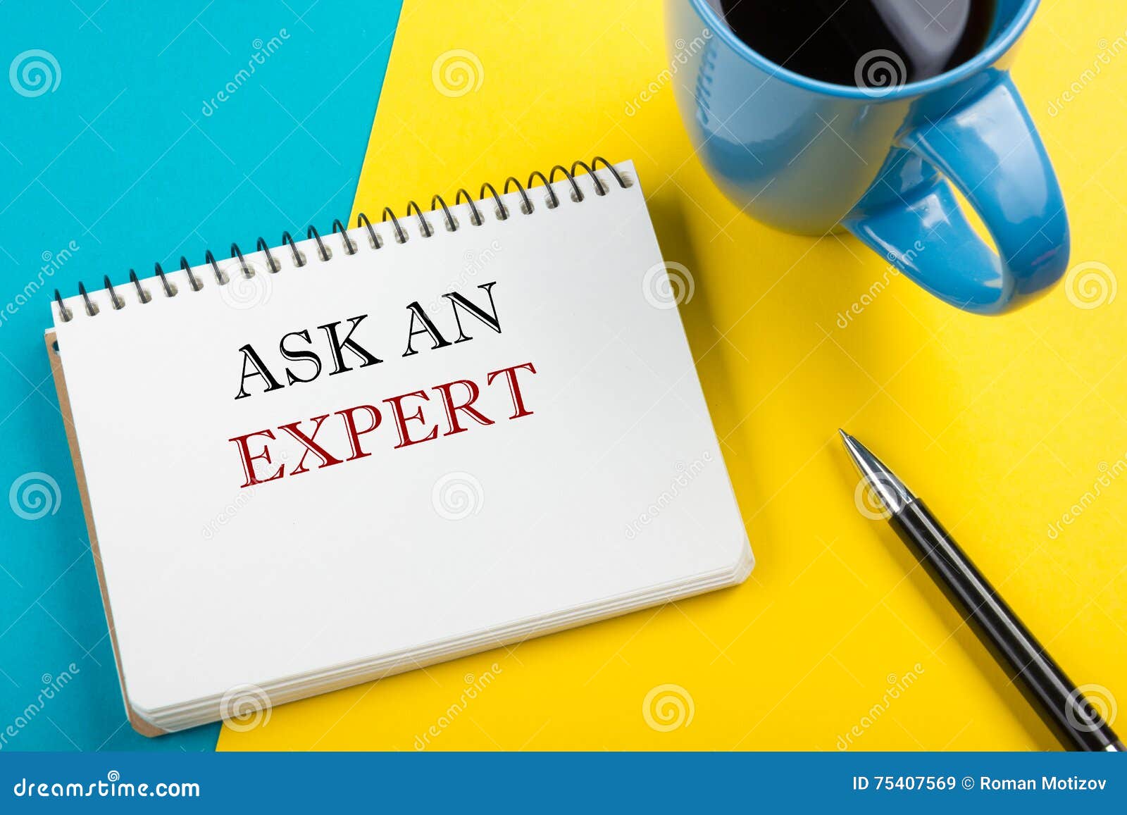 Ask an Expert. Notepad with Message, Pen and Coffee Cup. Office