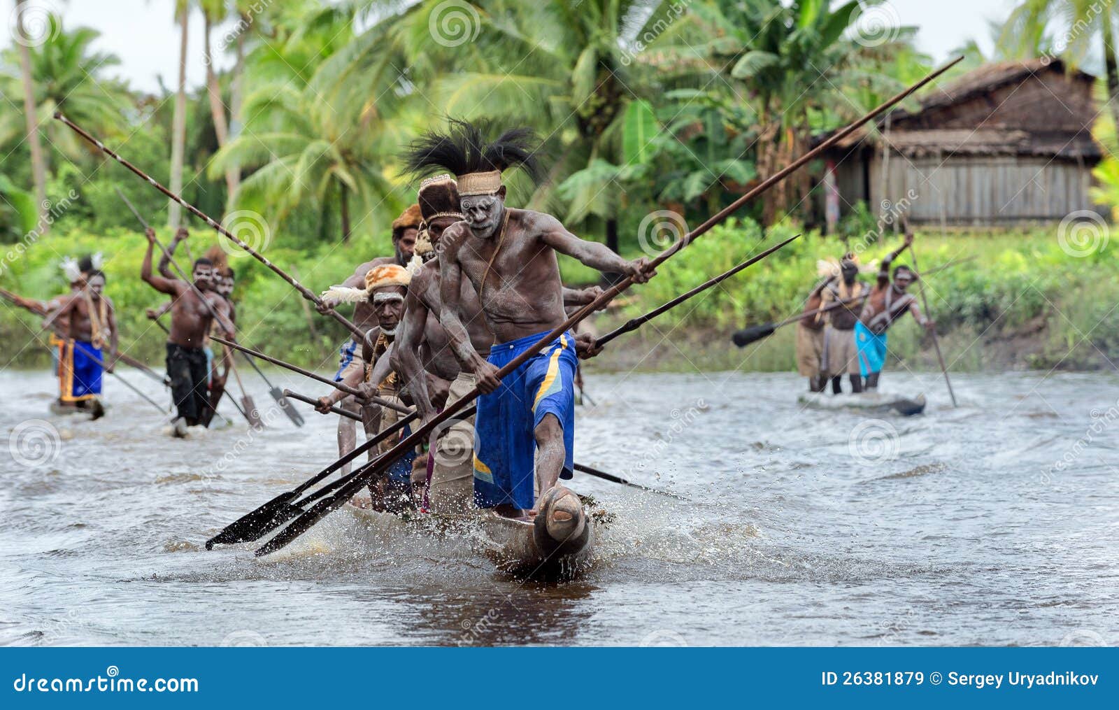 Asmat Men Paddling In Their Dugout Canoe Editorial Stock 