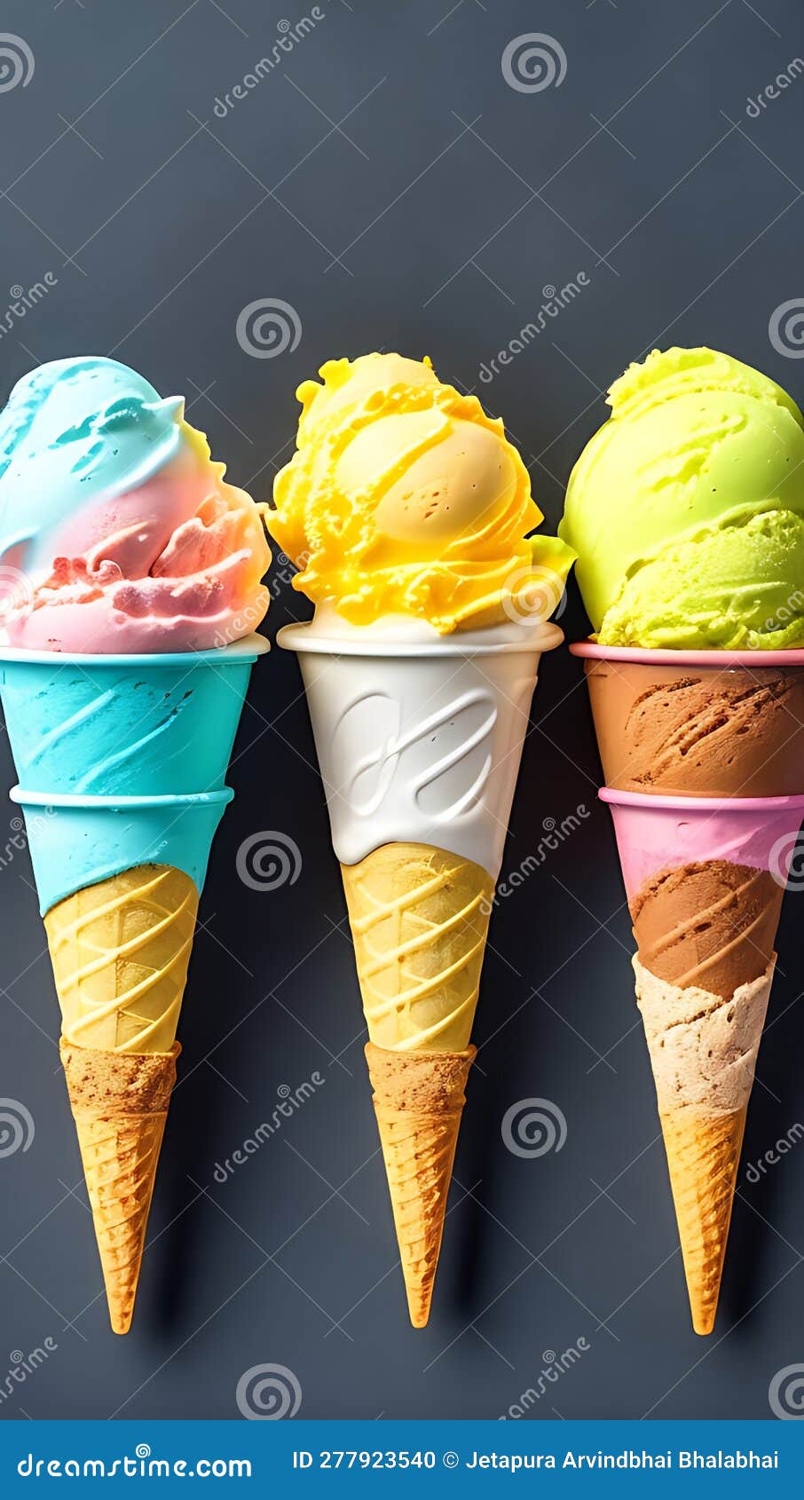 asorted of ice cream scoops with cones in row on black background. colorful set of ice cream scoops of different flavours. sweet