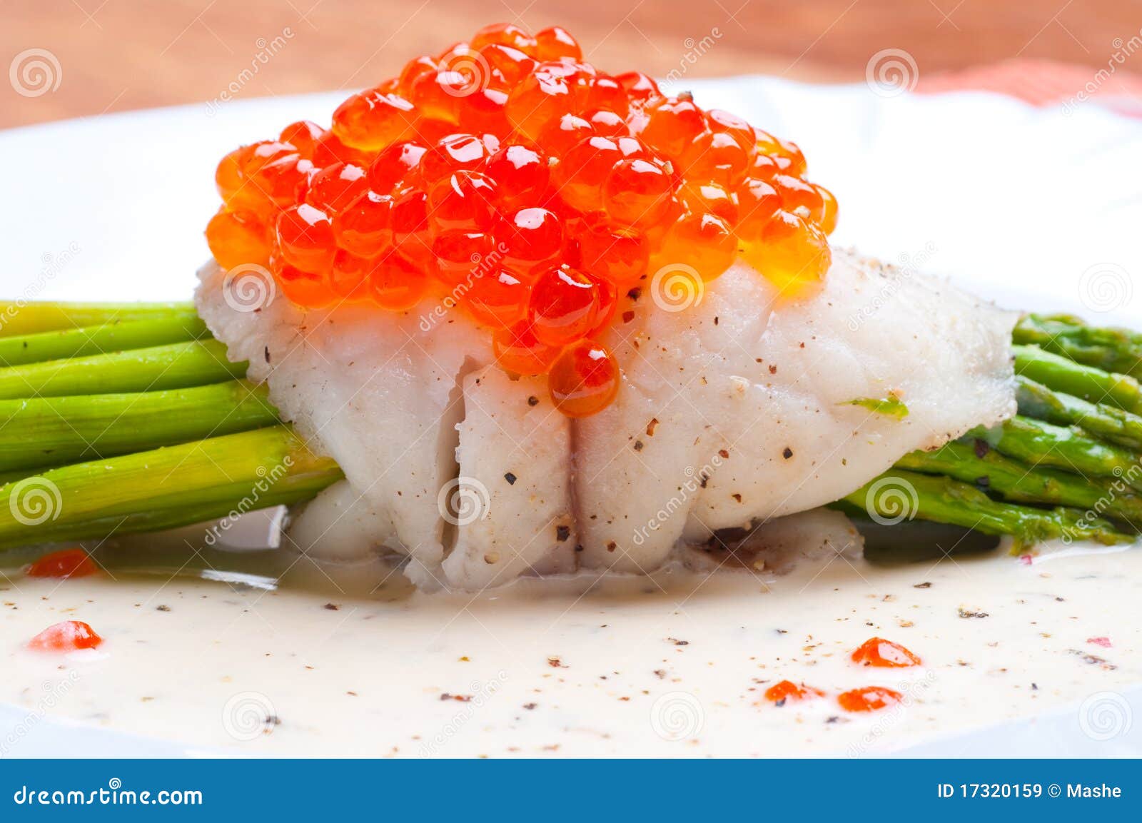 Asparagus with Fish and Red Caviar in Creamy Sauce Stock Image Image