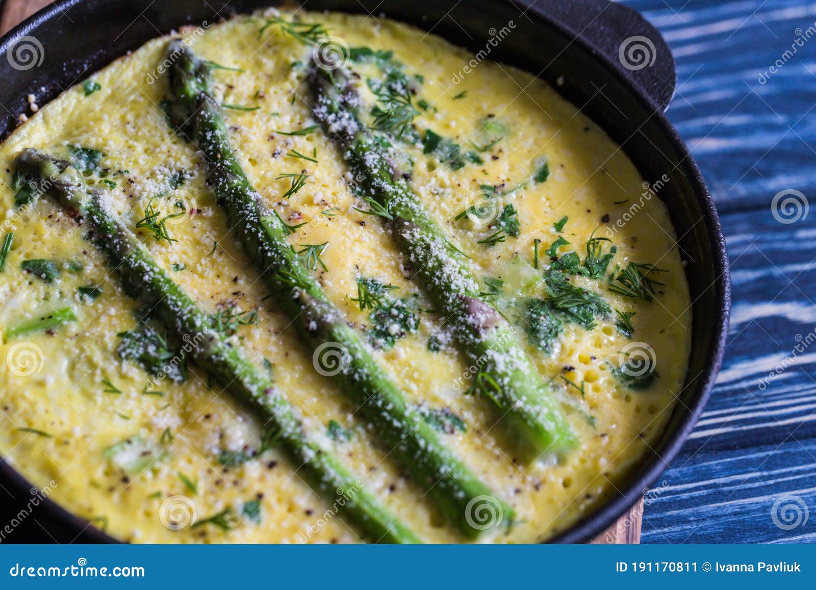 Asparagus with Scrambled Eggs. Omelet with Asparagus in a Frying Pan Stock Image Image of food