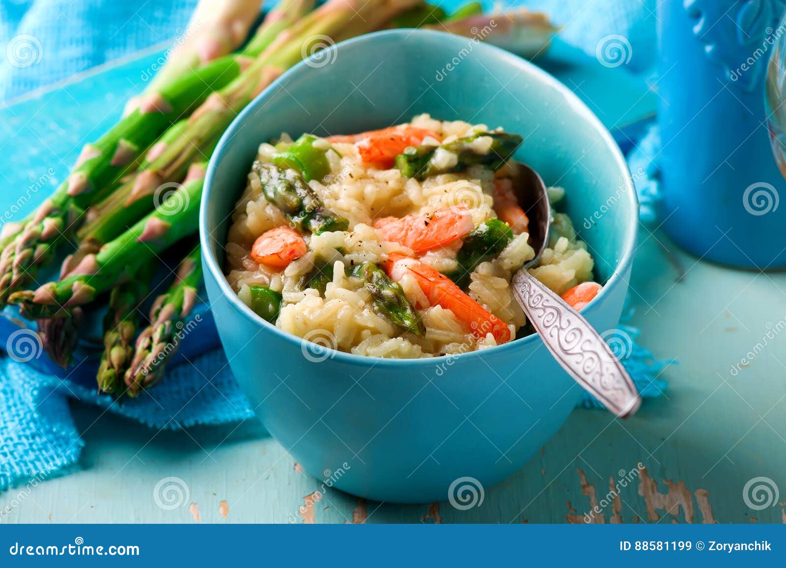 Asparagus and Shrimp Risotto in Blue Dish Stock Image - Image of ...