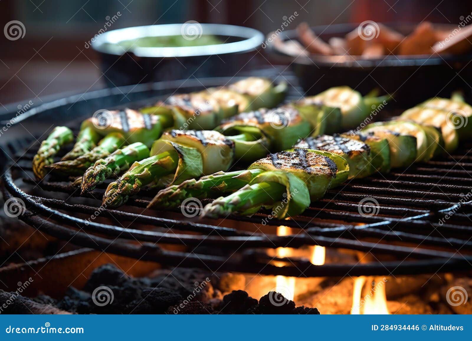 Asparagus Spears Sizzling on Hot Bbq Grill Grate Stock Illustration