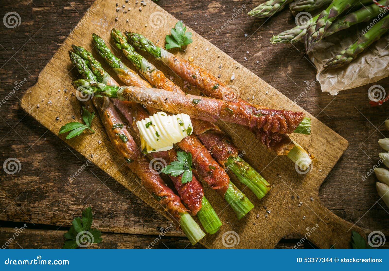 Asparagus Wrapped in Bacon with Curl of Butter Stock Photo Image of