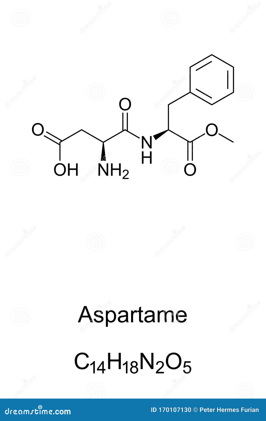 aspartame sugar substitute molecule, skeletal formula