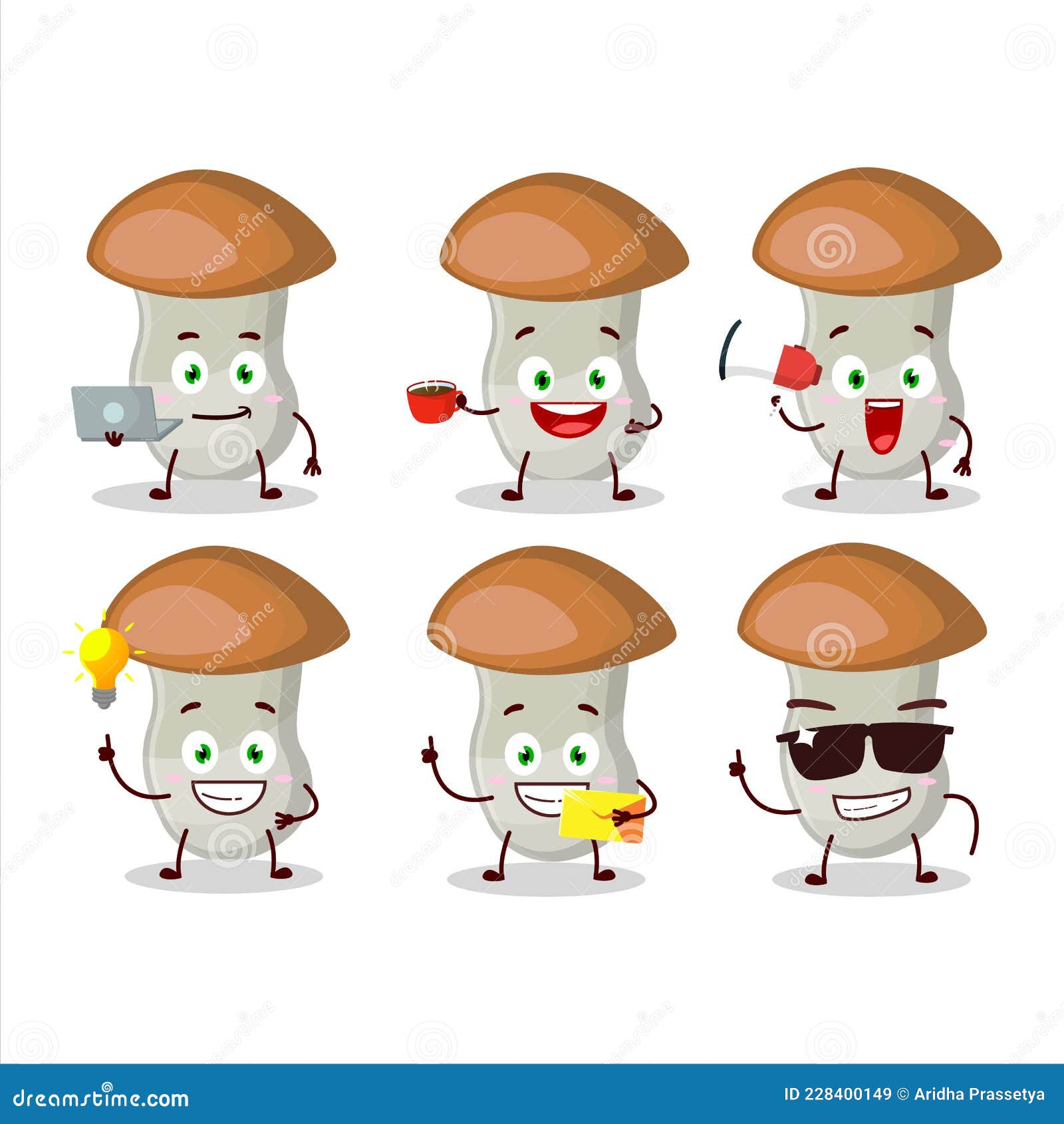 aspen cartoon character with various types of business emoticons