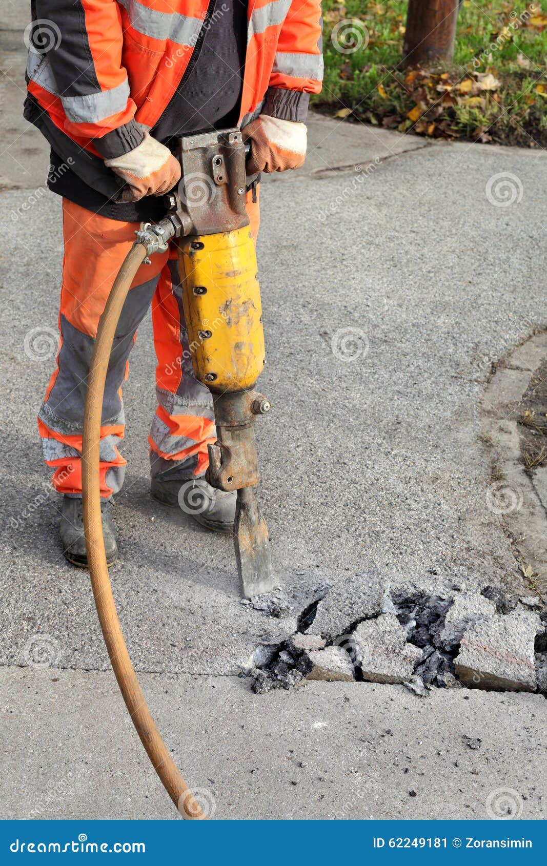 Asphalt Demolishing, Worker and Jackhammer Stock Image Image of