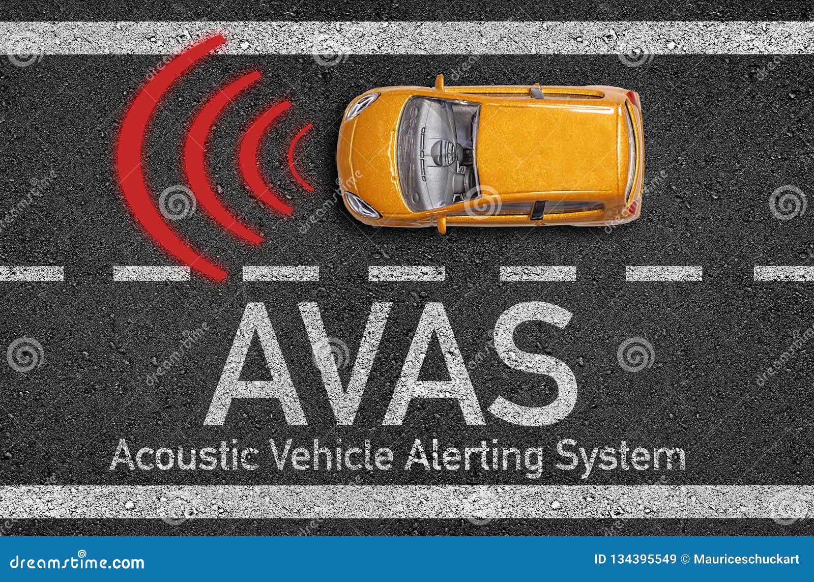 asphalt with miniature car and avas acoustic vehicle alerting system
