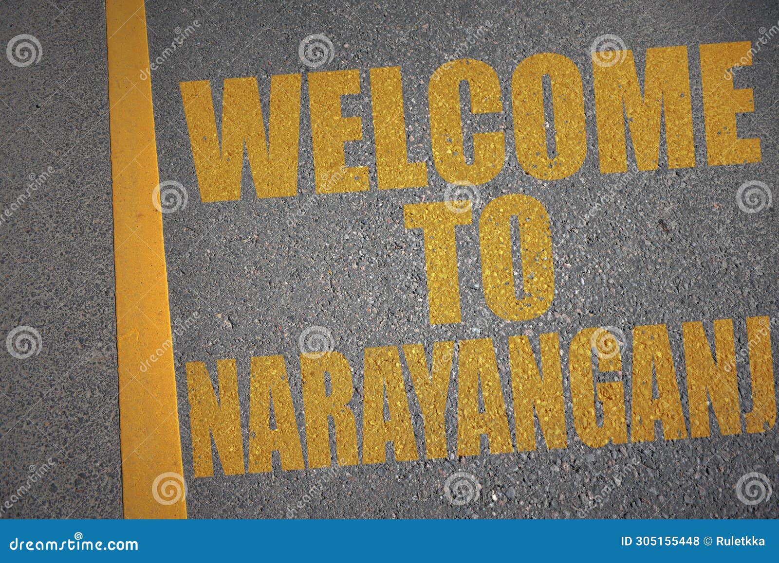 asphalt road with text welcome to narayanganj near yellow line