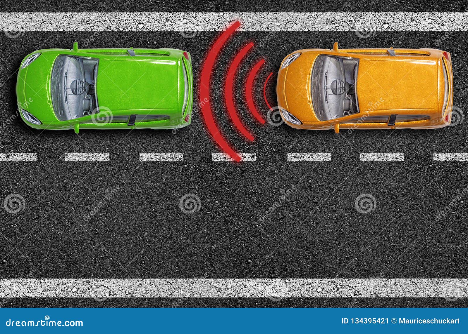 asphalt with cars on a road with distance sensor and emergence break assistant