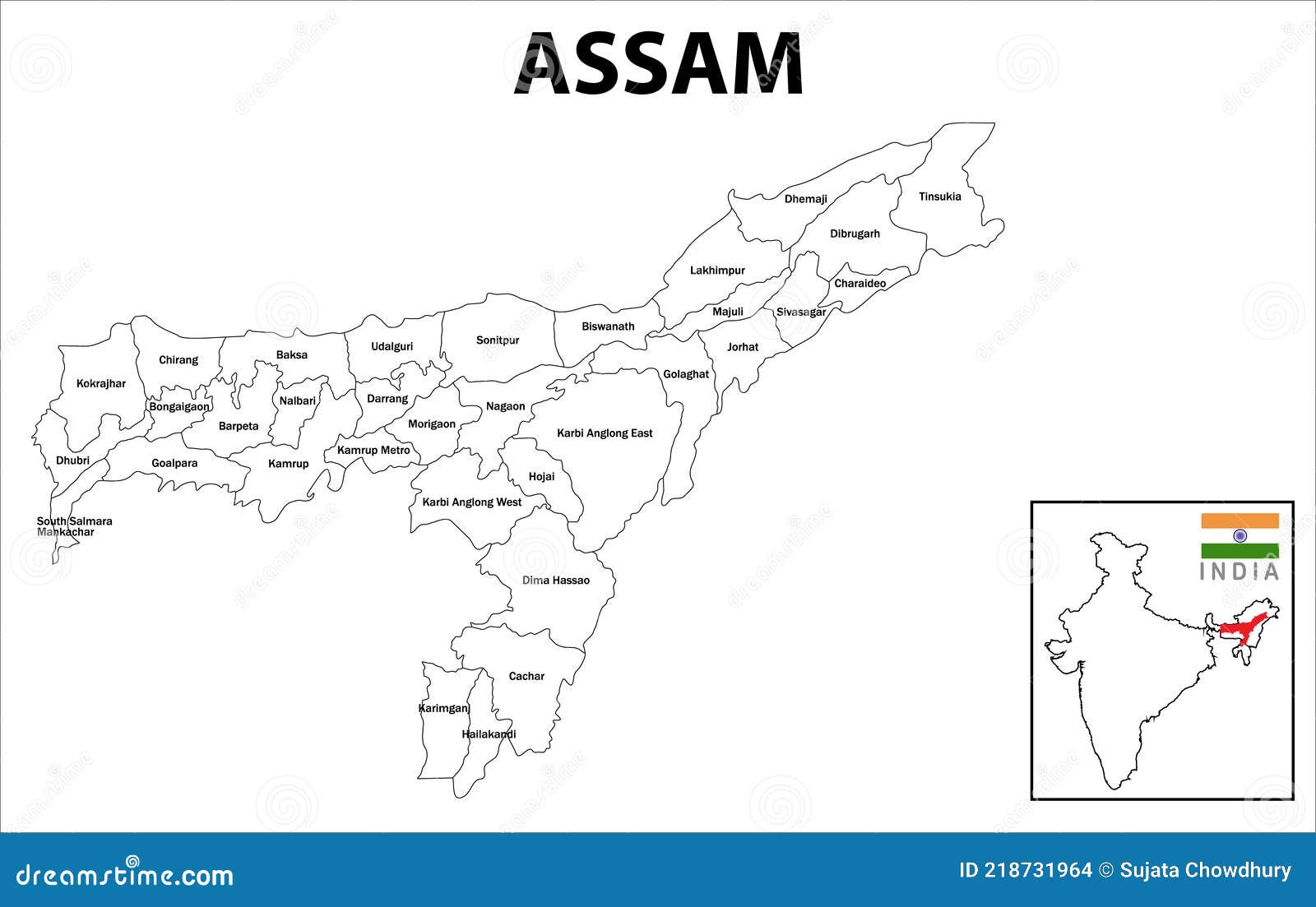 assam map. political and administrative map of assam with districts name. showing international and state boundary and district