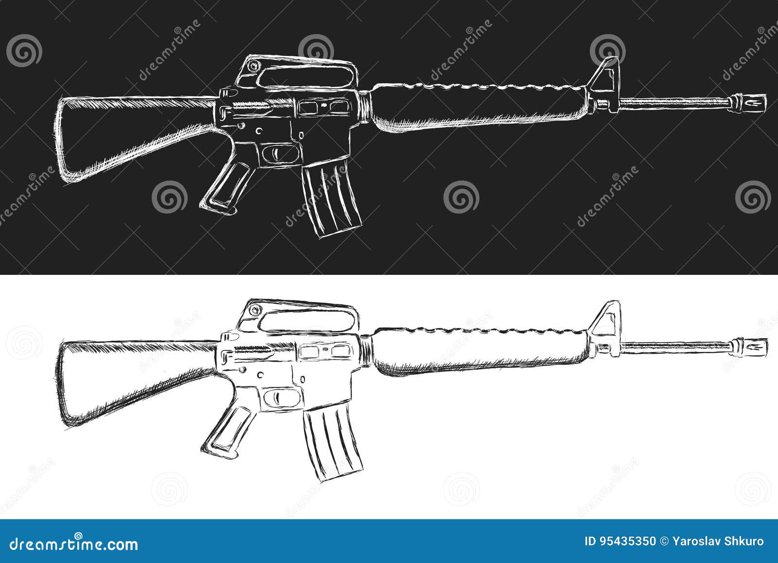 assault rifle sketch. classic armament  . pencil style drawing