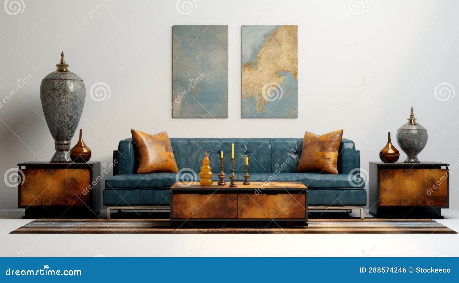 assemblage of maps: blue sofa with narrative diptychs