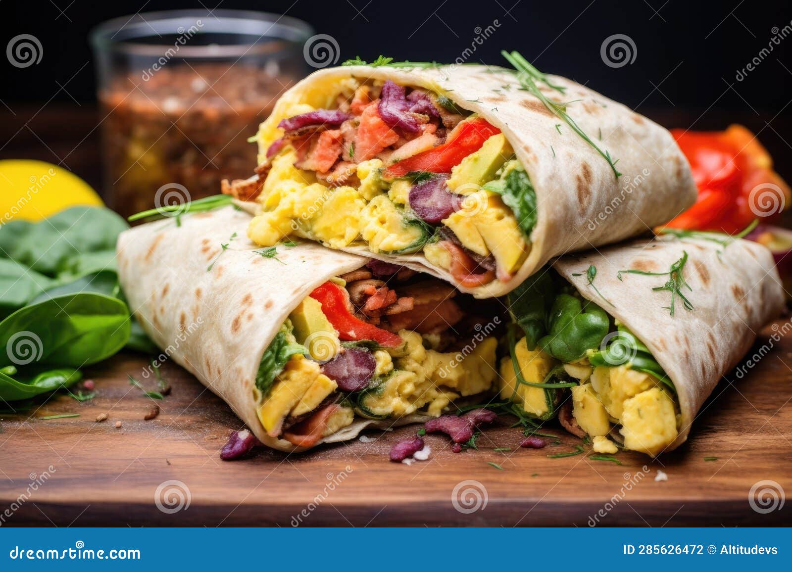 Assembling Breakfast Burrito with Scrambled Eggs Stock Photo - Image of