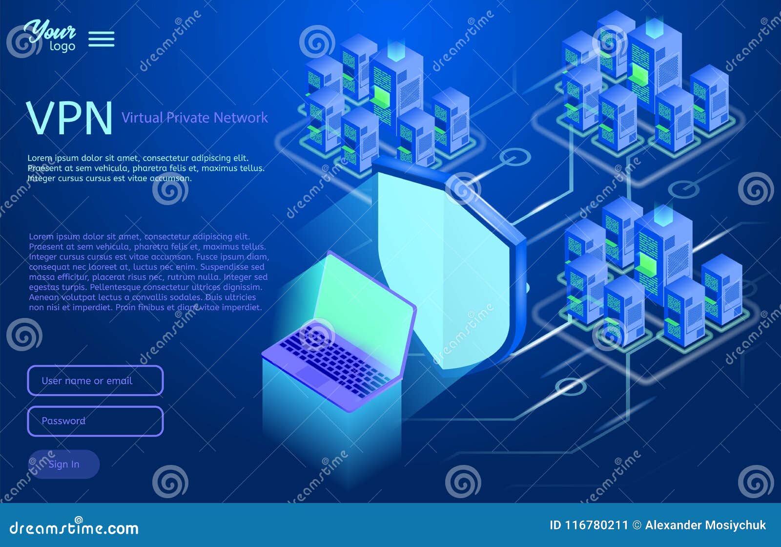 Assicuri il concetto virtuale della rete privata Illustrazione isometrica di vettore di servizio del vpn. Assicuri il concetto della connessione VPN Illustrazione isometrica di vettore nei colori ultravioletti Panoramica privata virtuale di connettività di rete