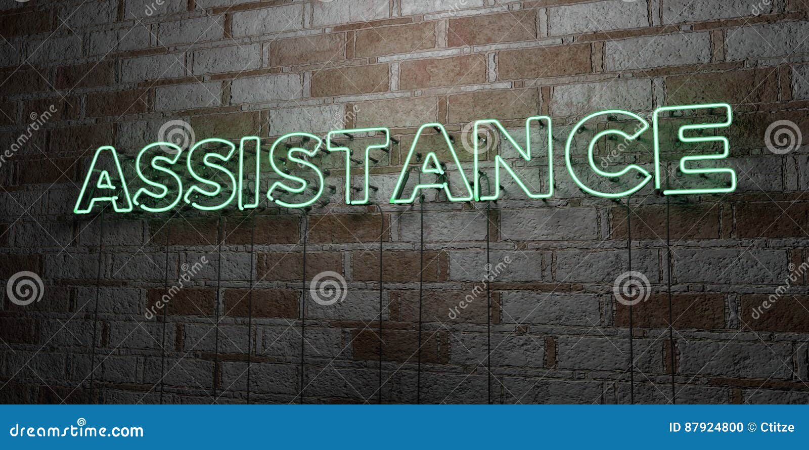 Assistance Glowing Neon Sign On Stonework Wall 3d Rendered Royalty