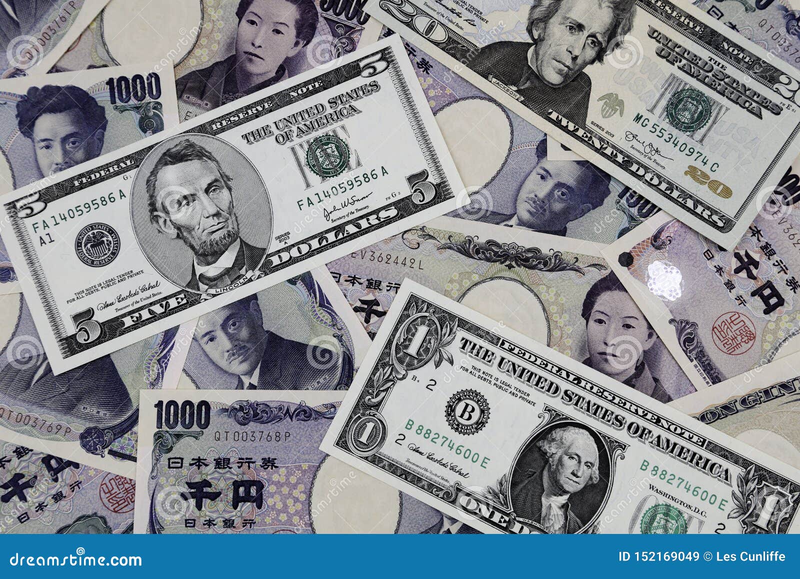 Assorted American and Yen Banknotes Stock Image Image of finance