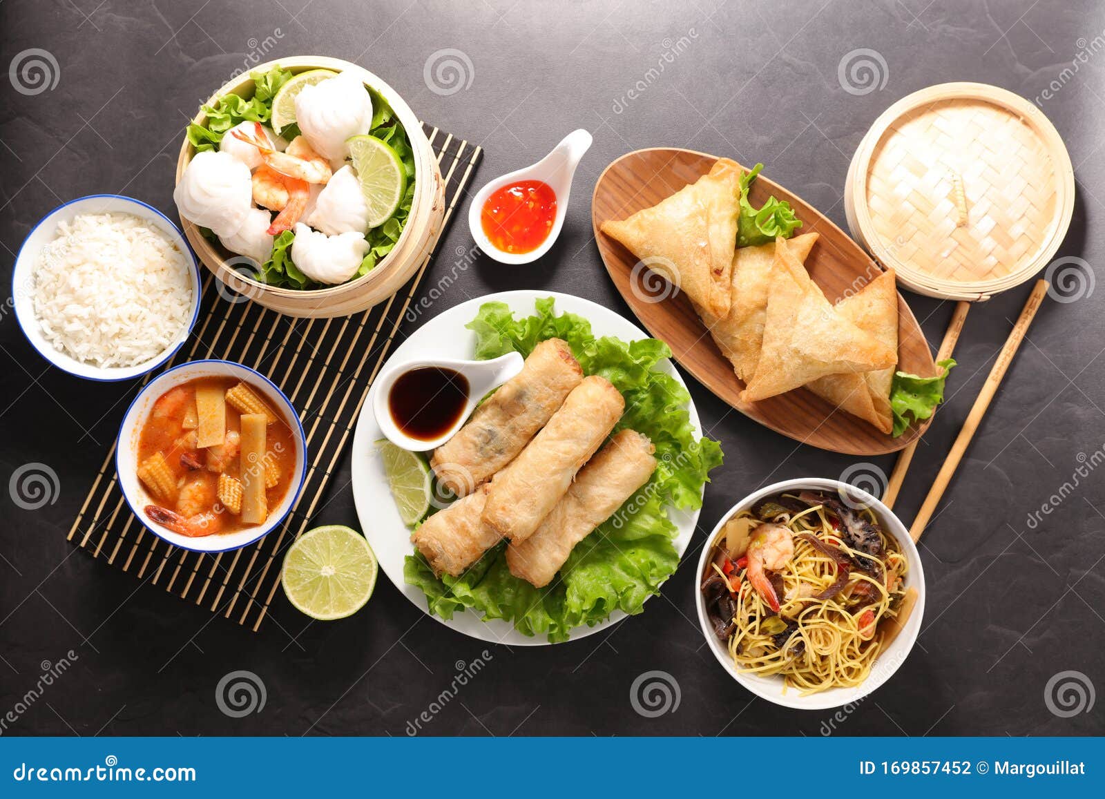 Asian Food- Spring Roll, Noodles Soup, Dim Sum, Fried Noodles Stock