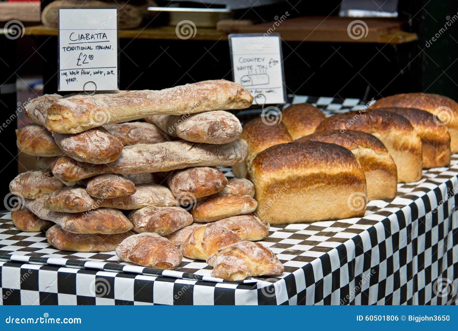 Assorted Breads, Rolls, Baguettes for Sale at the Bakery Stock Photo