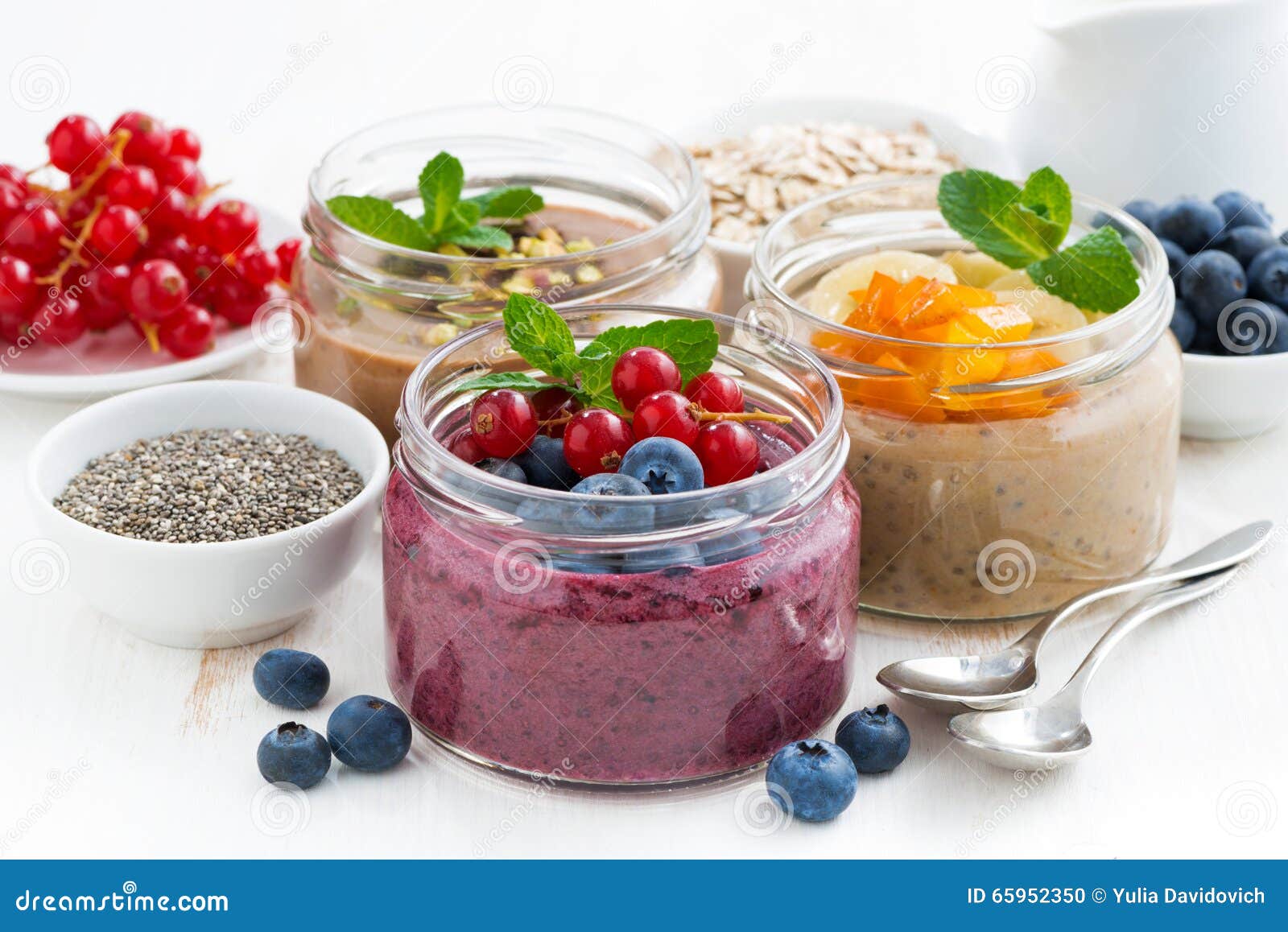 Assorted Breakfast of Chia Seeds and Fruits in Jars Stock Photo Image
