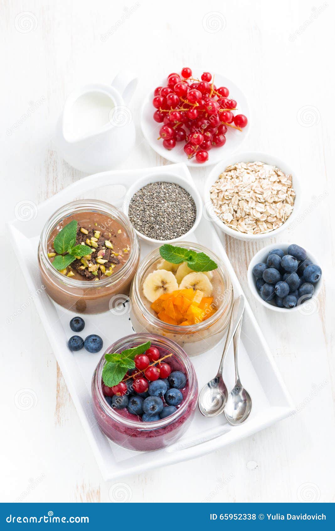 Assorted Breakfast of Chia Seeds and Fruits in Jars Stock Photo Image