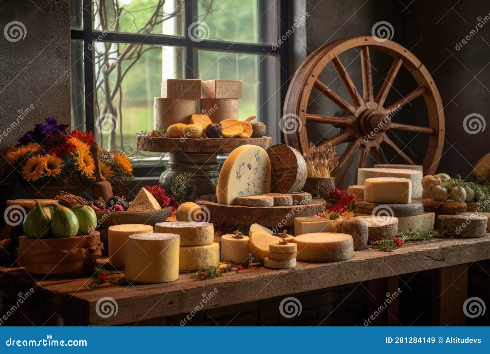 Assorted Cheese Wheel Display on Rustic Wooden Table Stock Illustration
