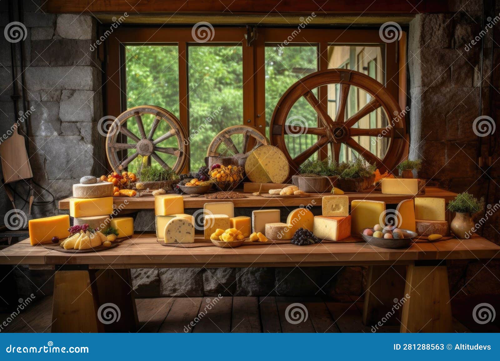 Assorted Cheese Wheel Display on Rustic Wooden Table Stock Illustration