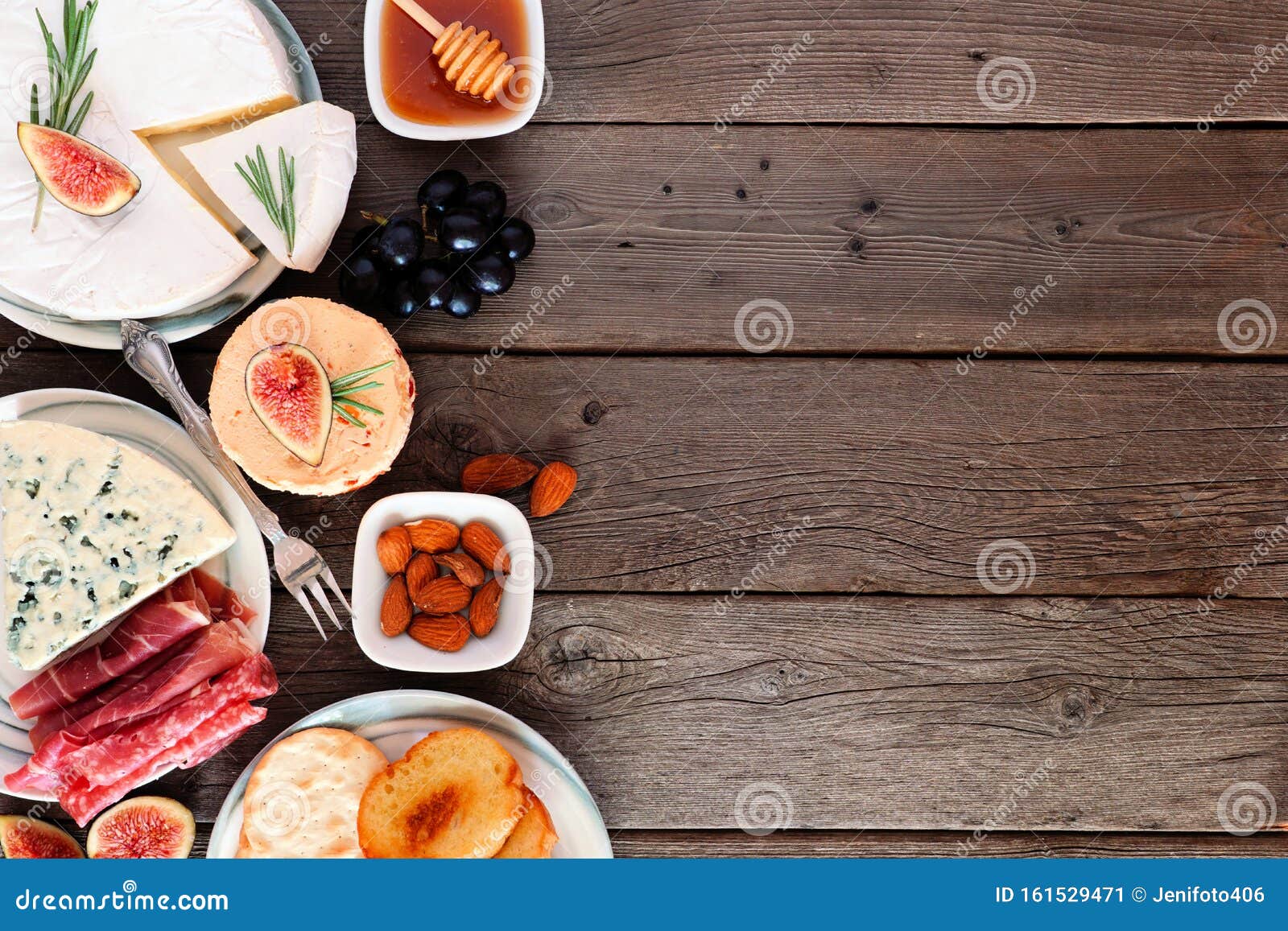 Assorted Cheeses and Meat Appetizers, Overhead View Side Border on a