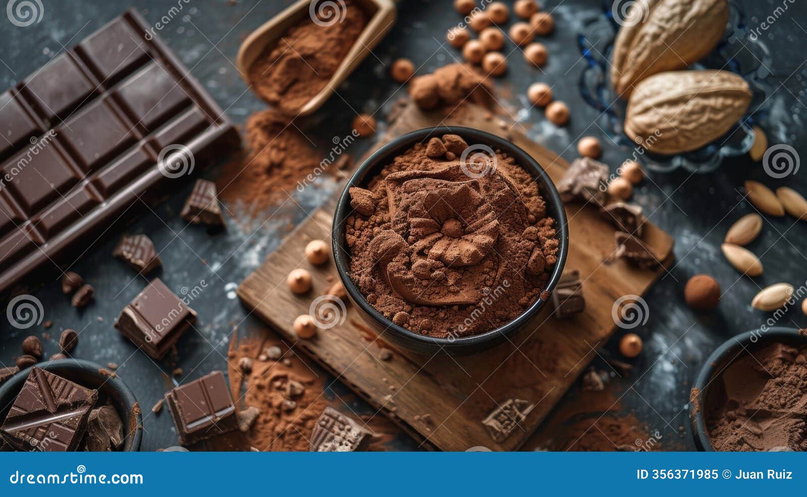 assorted chocolate and cocoa powder in a rustic setting