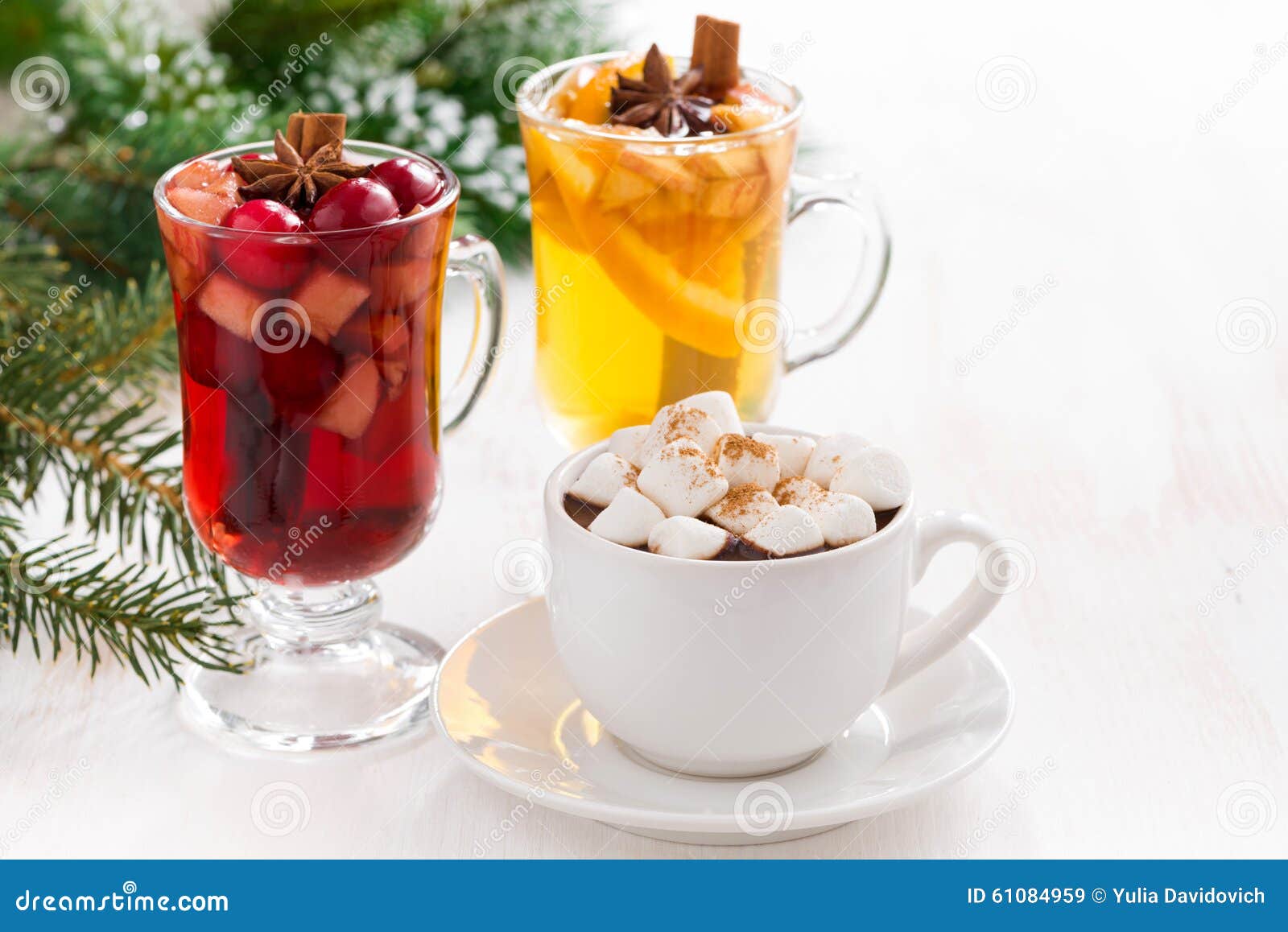 Assorted Christmas Beverages, Hot Chocolate, Mulled Wine, Cider Stock