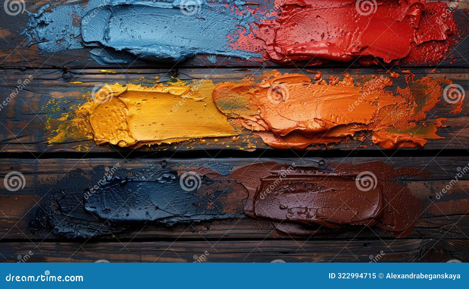 assorted colorful oil paints smeared on wooden background