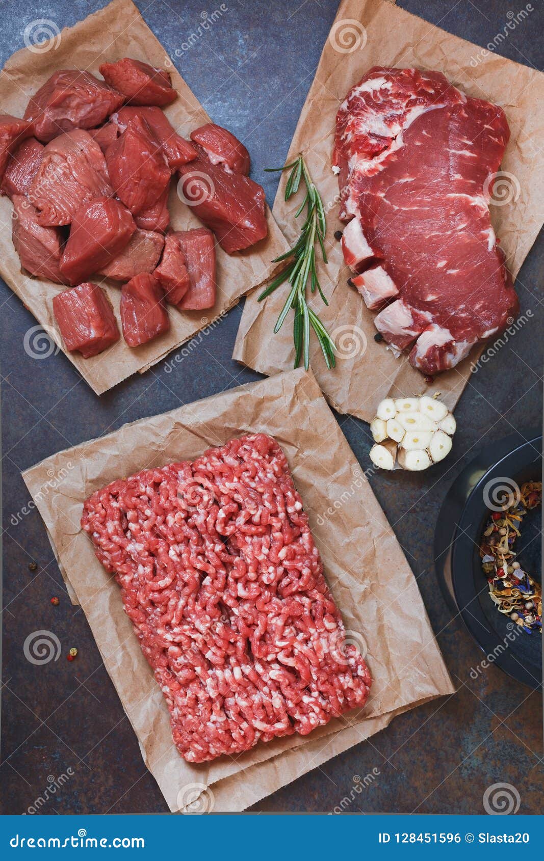 assorted cuts of raw angus beef meat on parchment paper
