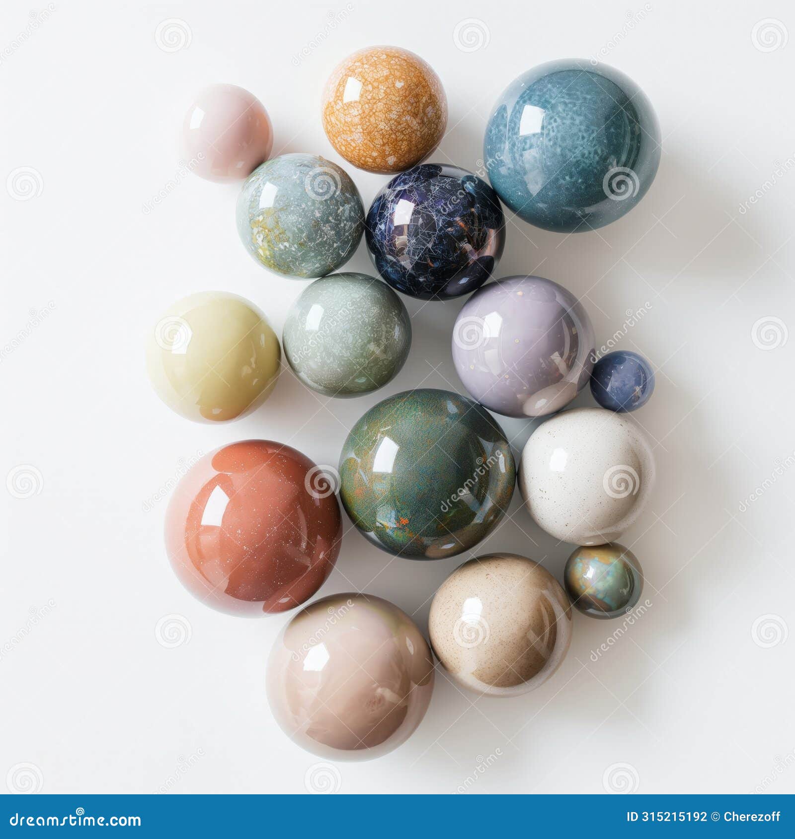 Assorted Decorative Ceramic Spheres on White Background Stock Photo