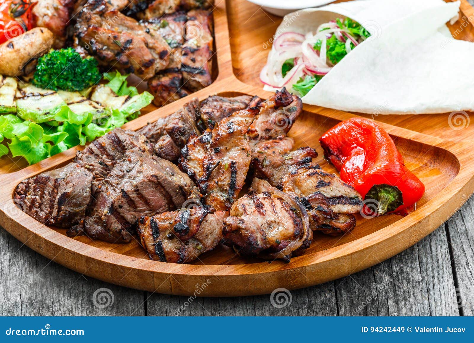 Assorted Delicious Grilled Meat and Vegetables with Fresh Salad and Bbq ...