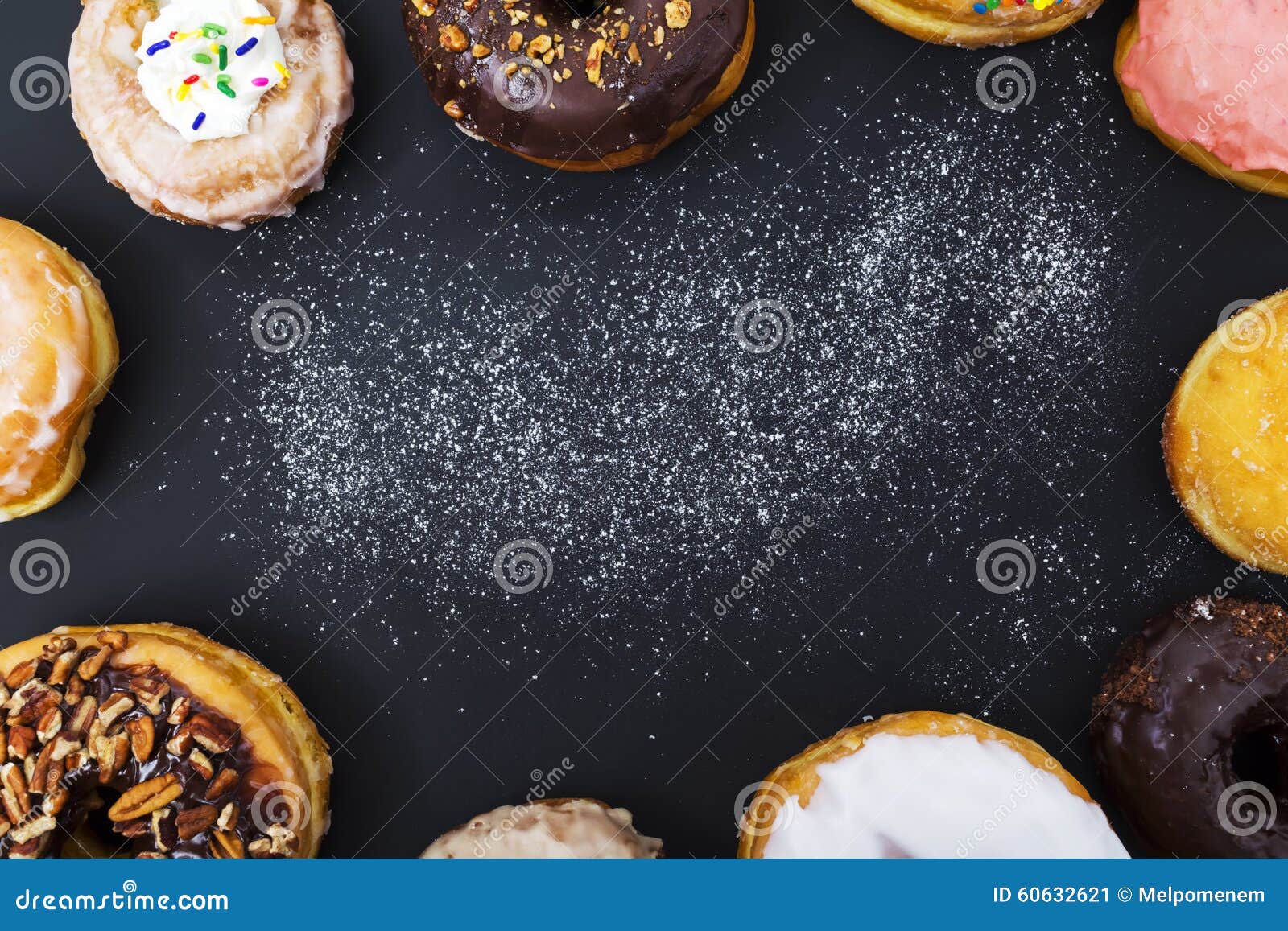 Assorted Donuts on Black Background Stock Image Image of overhead
