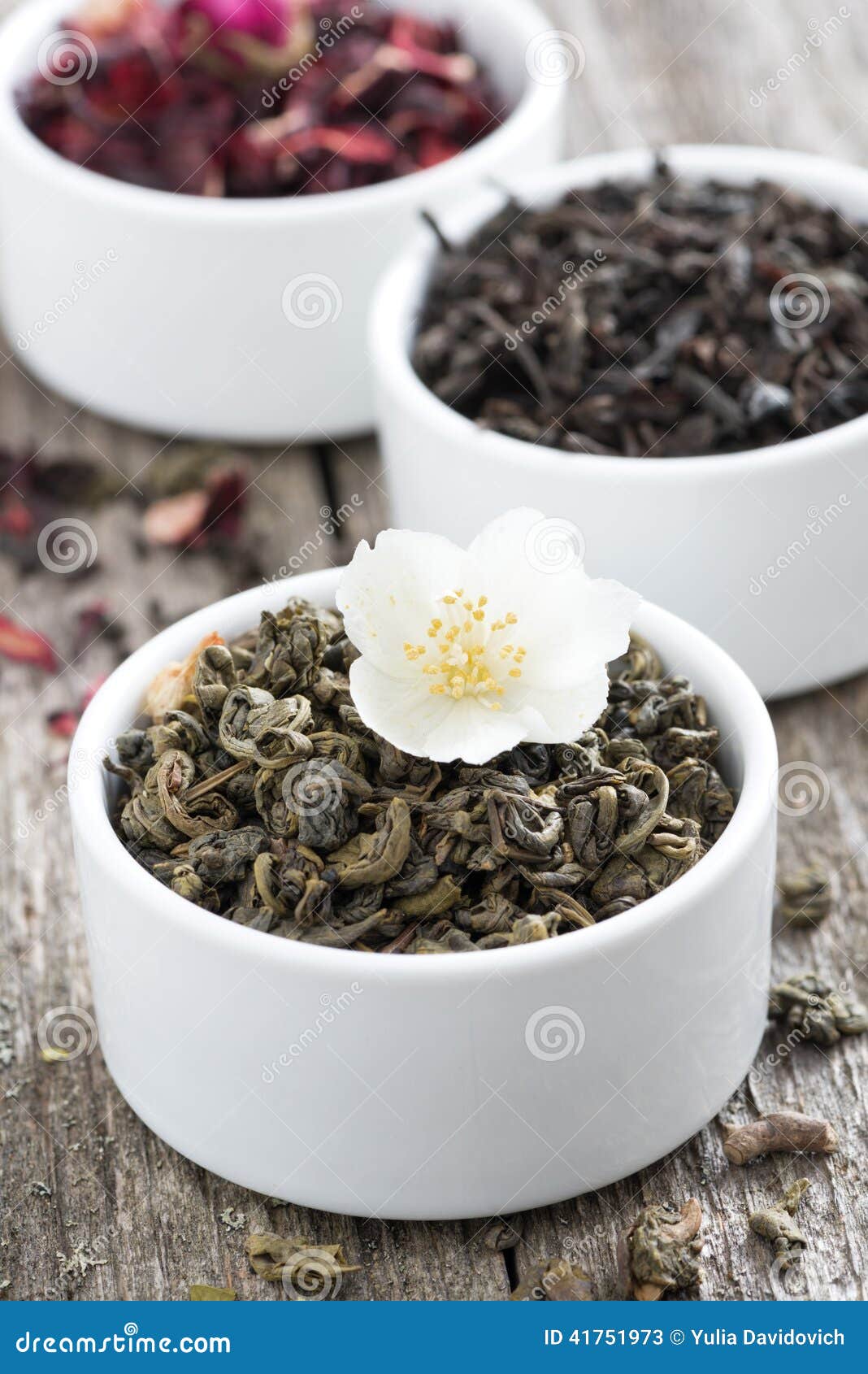 Assorted Dry Herbal Teas in White Bowls, Closeup Stock Image Image