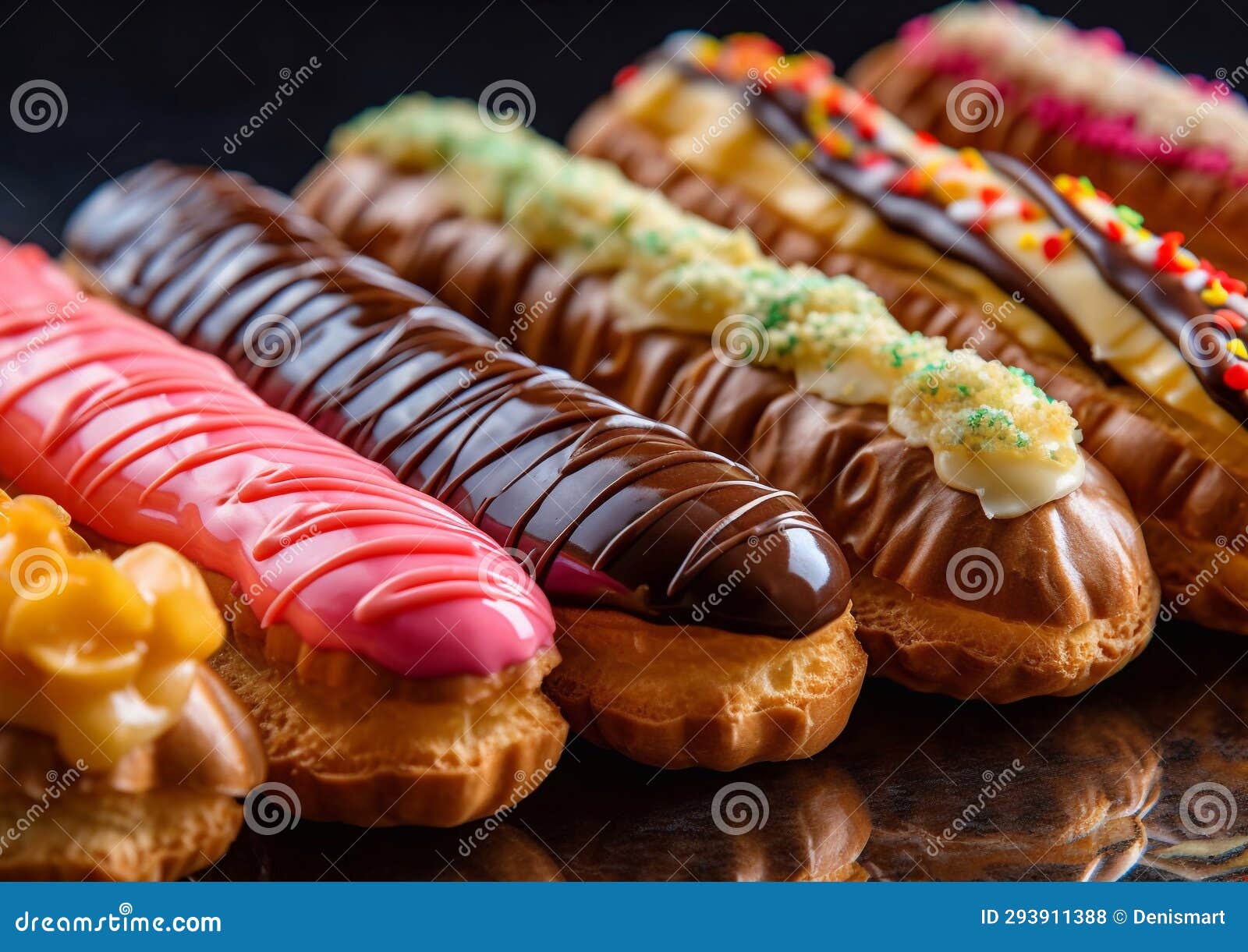 Assorted Eclairs with Chocolate and Various Candy Toppings.Macro.AI