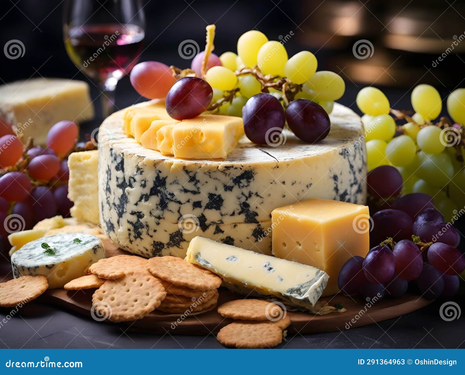 Assorted Exotic Cheeses with Golden Crackers and Grapes Stock