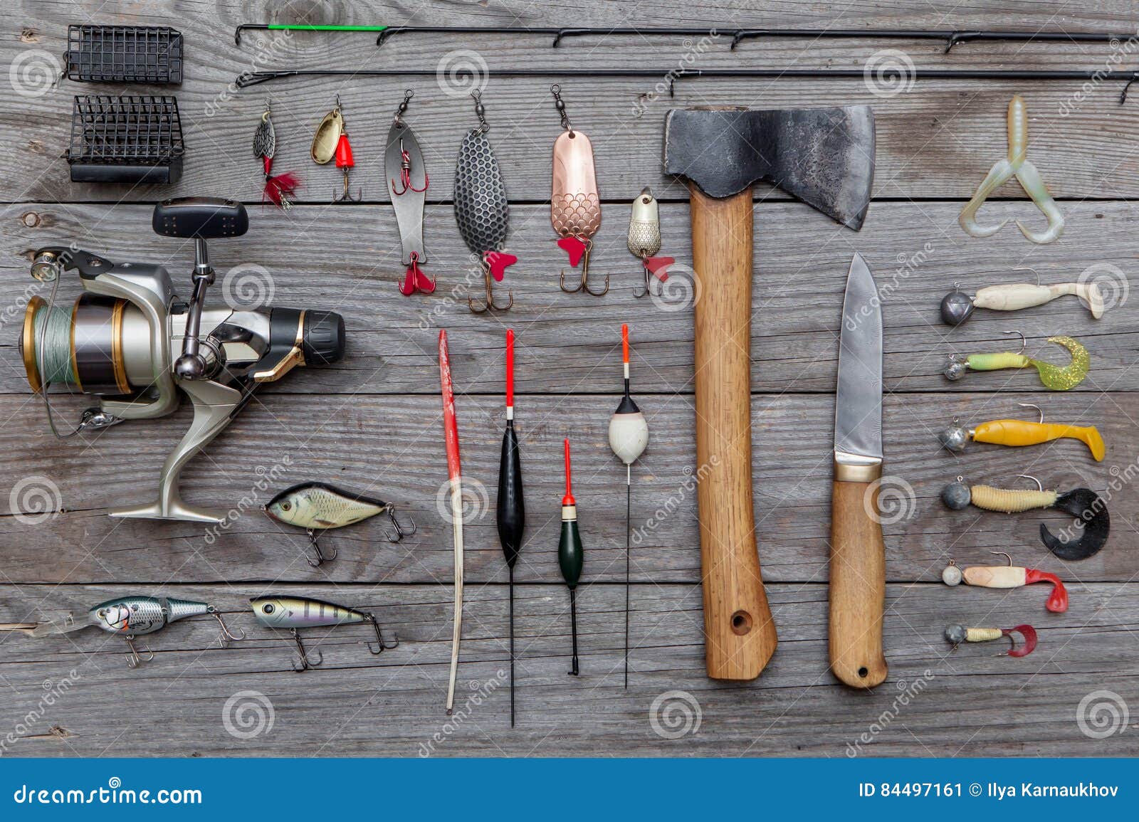 Assorted fishing tackle stock image. Image of banner 84497161
