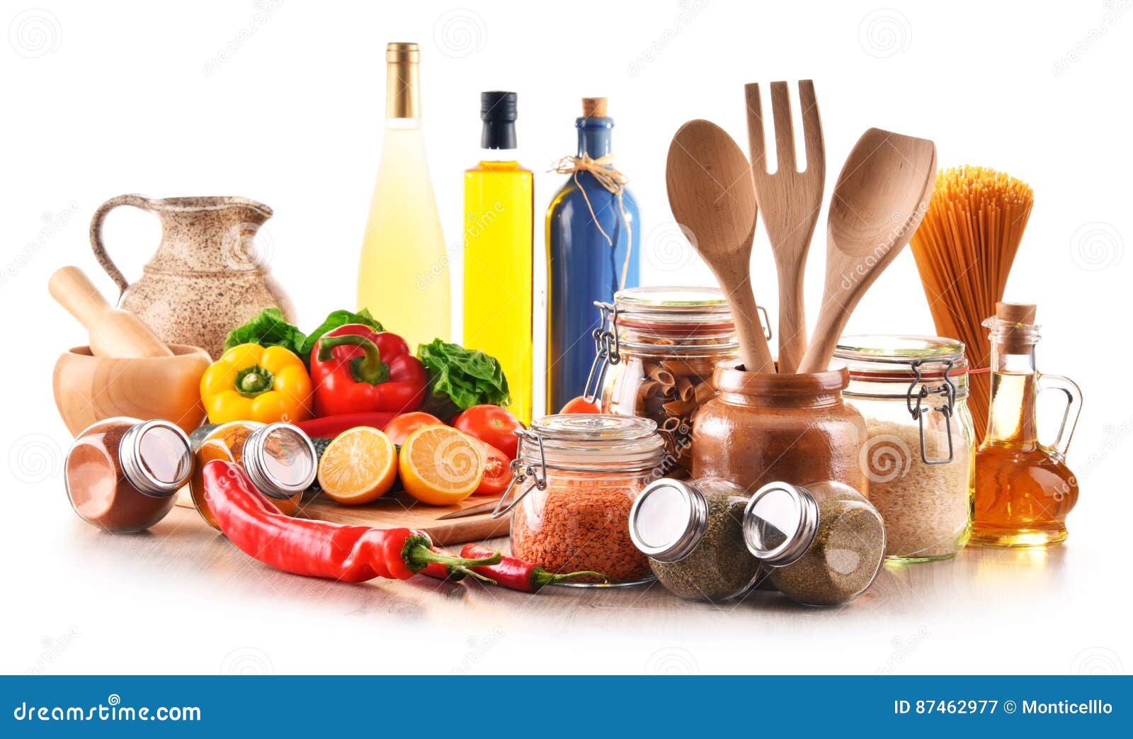 Assorted Food Products and Kitchen Utensils Isolated on White Stock