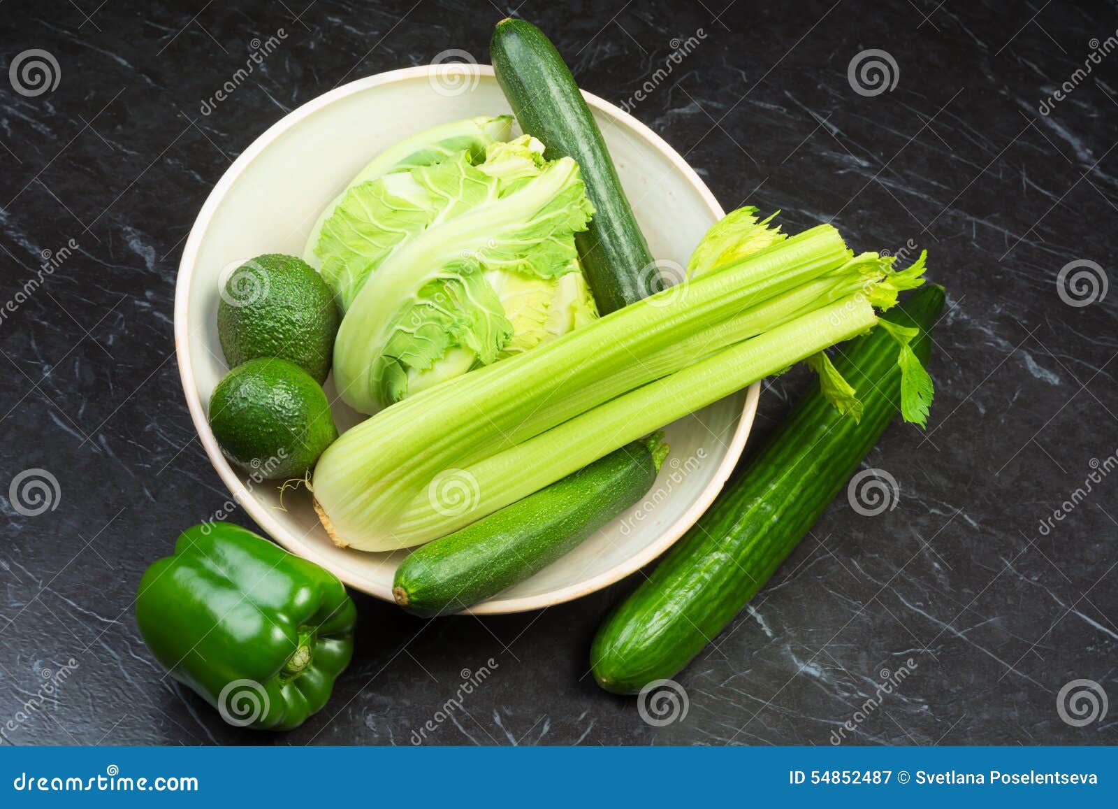 Assorted Fresh Green Vegetables in a Ceramic Bowl Stock Image Image