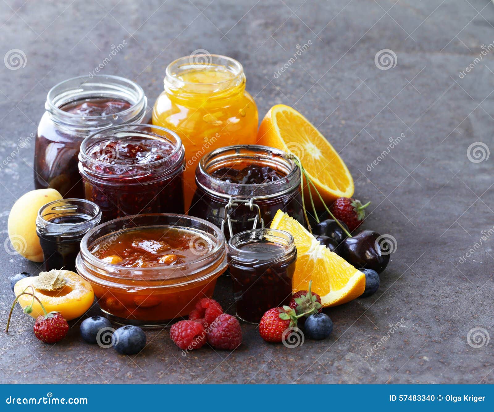 Assorted fruit berry jams stock photo. Image of closeup 57483340