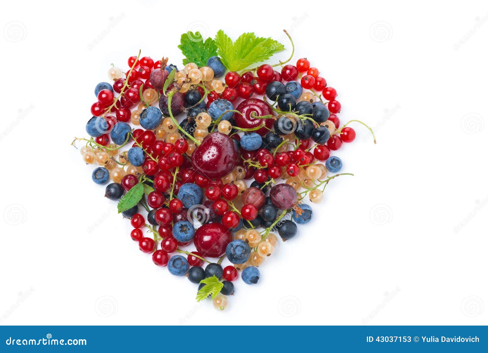 Assorted Garden Berries in a Heartshaped, Top View, Isolated Stock