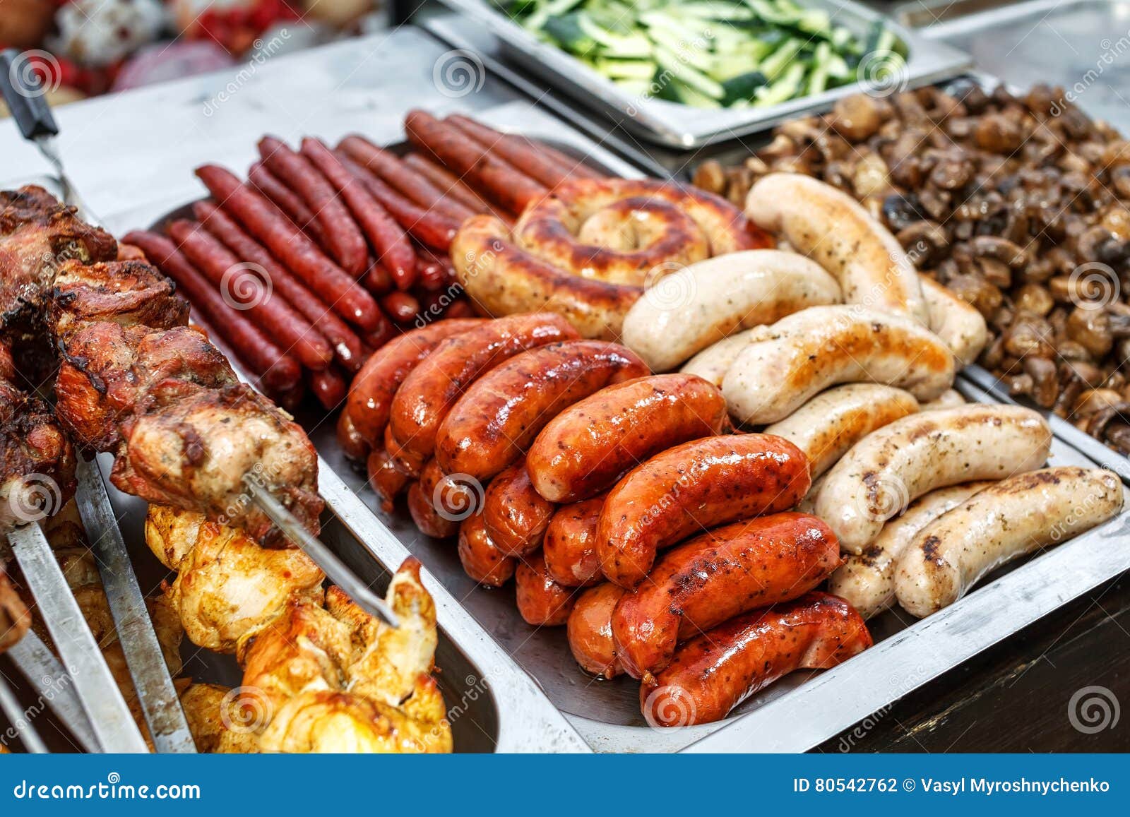 Assorted German Sausages Grilled In A Steel Container Stock Photo ...