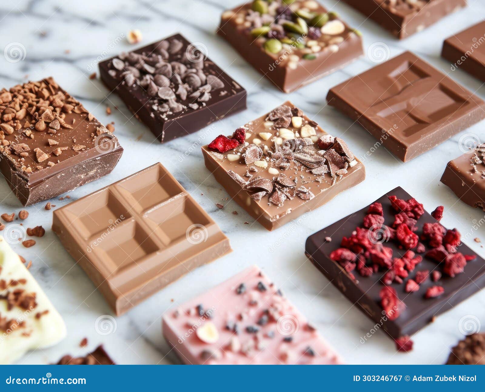 Assorted Gourmet Chocolate Bars with Various Toppings Stock