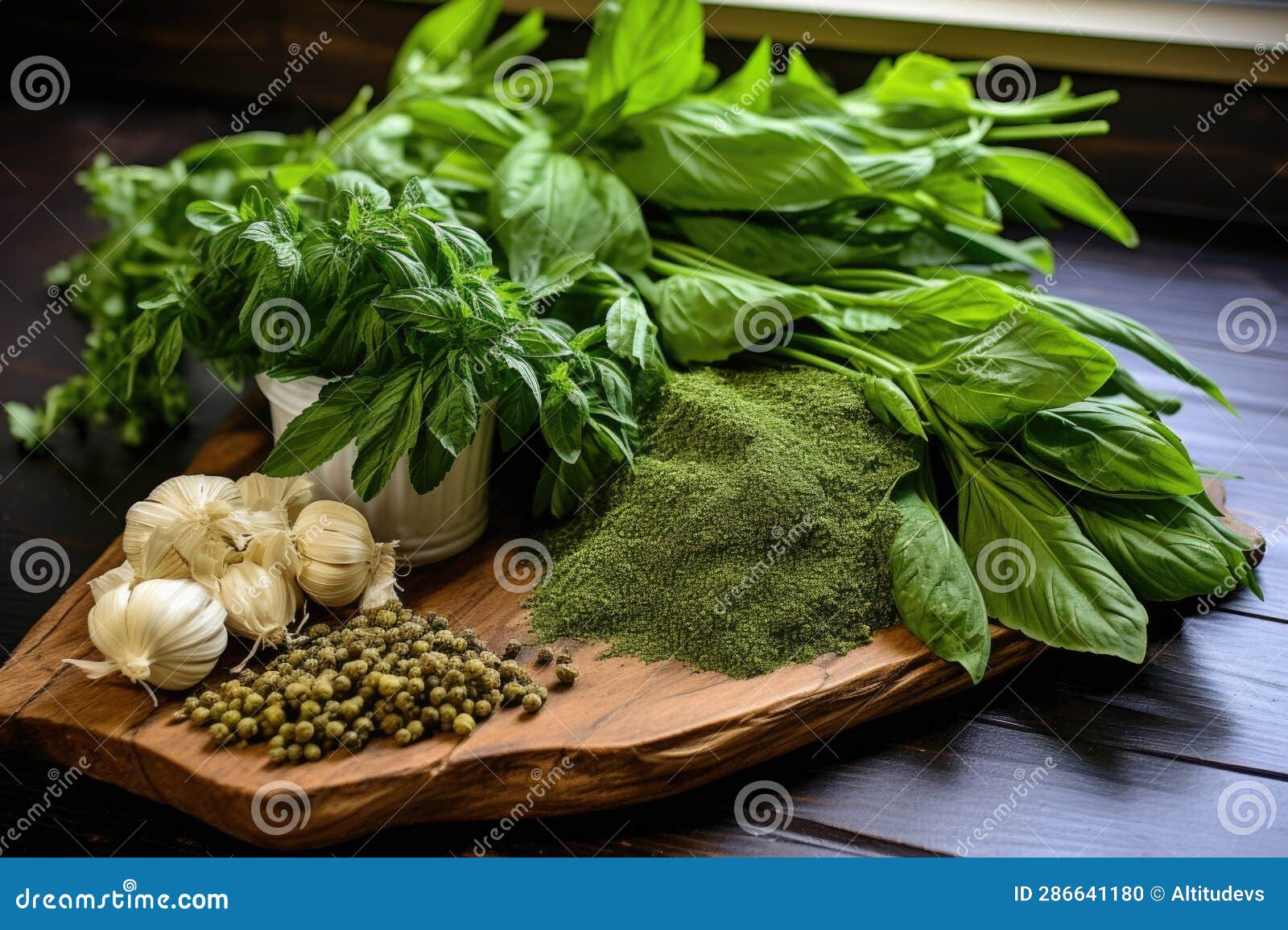 Assorted Herbs for Pesto Variations on Table Stock Photo Image of