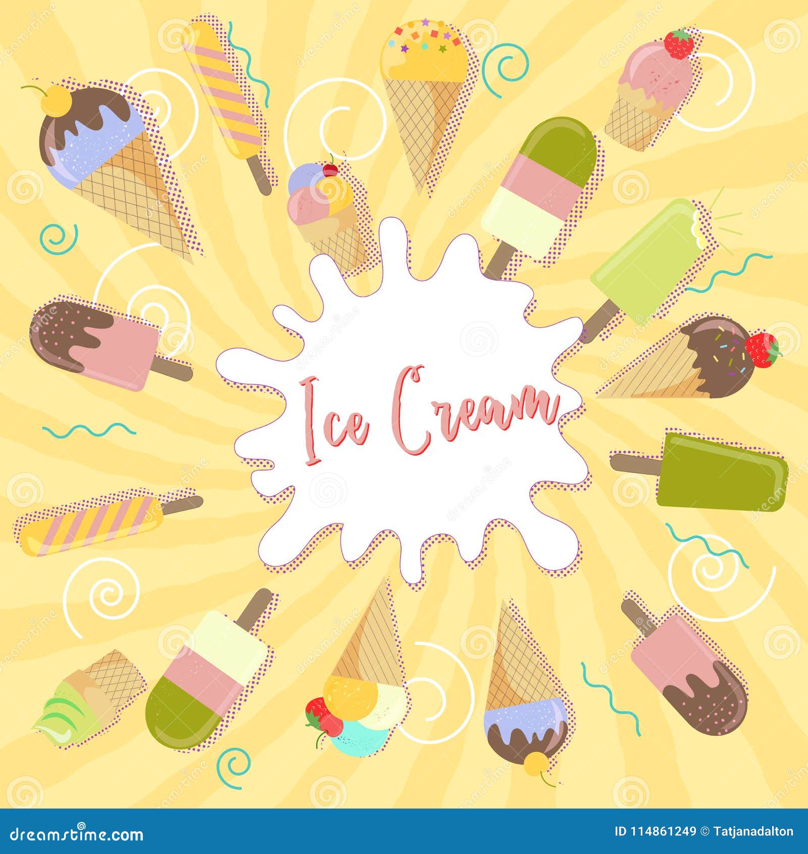 Assorted Ice Cream on Light Yellow Background and Splash with Place for
